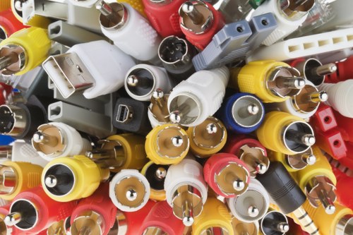 A close-up view of a large collection of various electronic connectors, including audio and video plugs, USB and power adapters, with different colours such as white, red, yellow, black, and blue, arranged in an overlapping and somewhat disorganized manner. The connectors show metal pins, plastic casings, and textured surfaces, with some having smooth or ridged finishes. The background appears to be a surface with a mixture of shadows and highlights from the surrounding light. This image captures a jumble of electronic waste, commonly seen as part of waste removal services in areas like Raynes Park, where companies such as Commercial Waste Removal Raynes Park handle the disposal and removal of electronic rubbish, often involving such components. The overall scene emphasizes the importance of proper waste management and recycling of obsolete electronic or electrical items, typical in residential or commercial environments within the local postcode area.